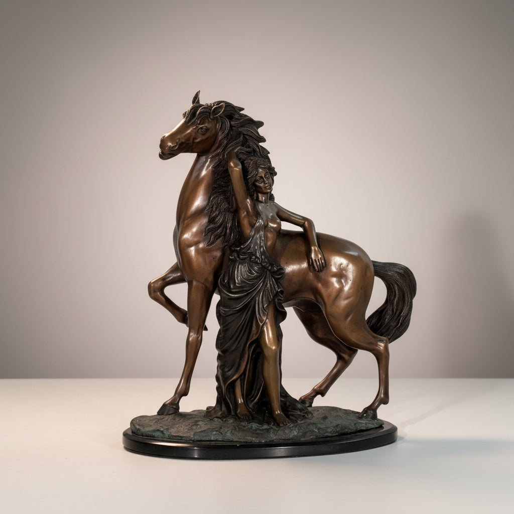 Reminiscent Lady with Horse Table-top Bronze Statue