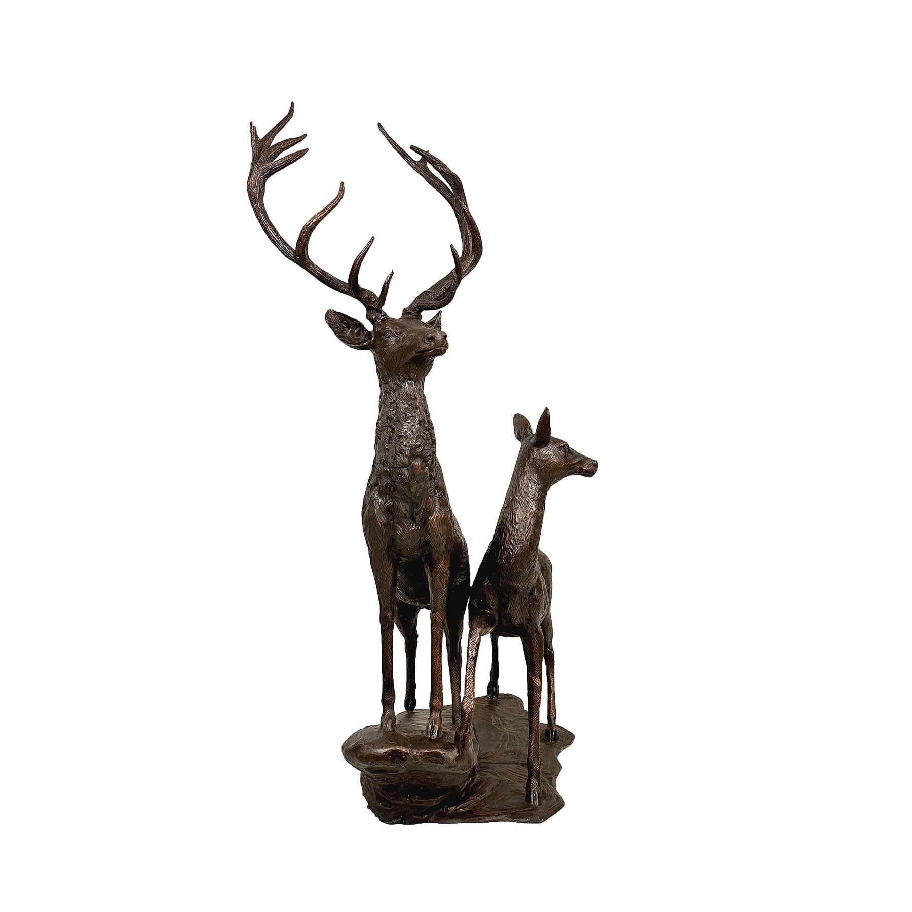 Buck & Doe on Rock Bronze Sculpture