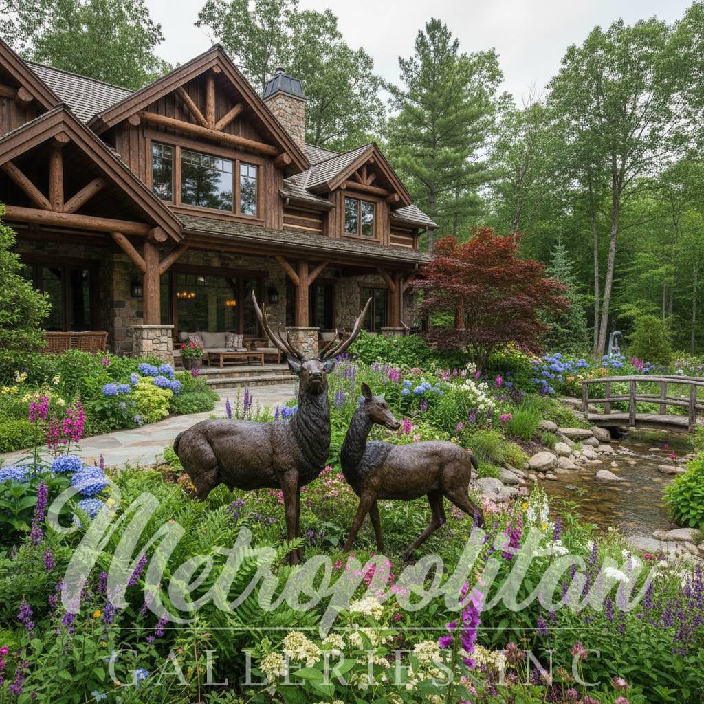 Elk & Doe Bronze Statue Set