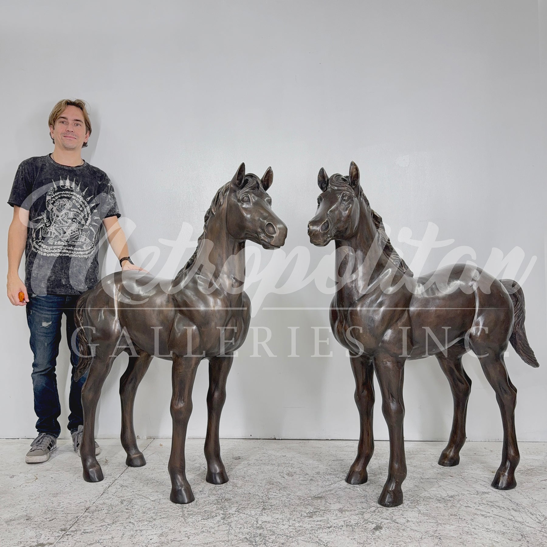 Medium Standing Horse Bronze Statue Pair