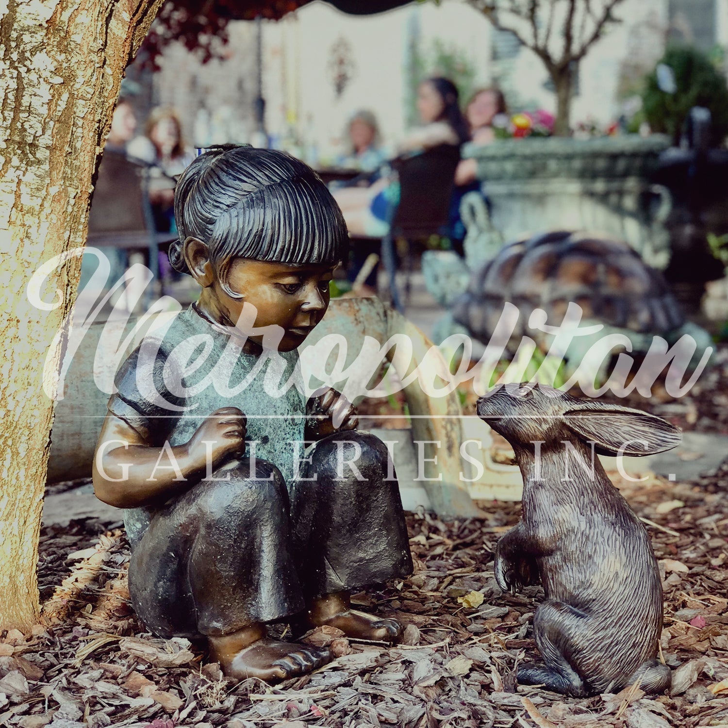 Kneeling Girl with Bunny Rabbit Bronze Statue
