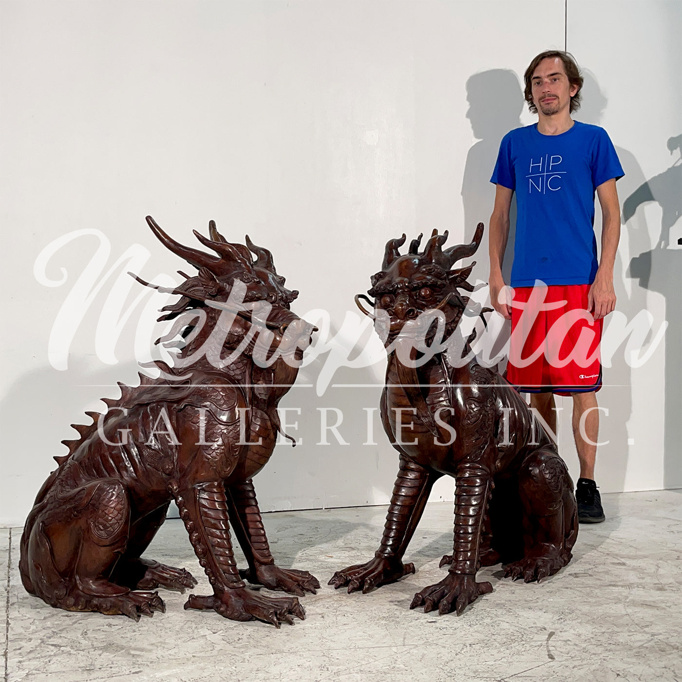 Chinese Foo Dragon Bronze Statue Set