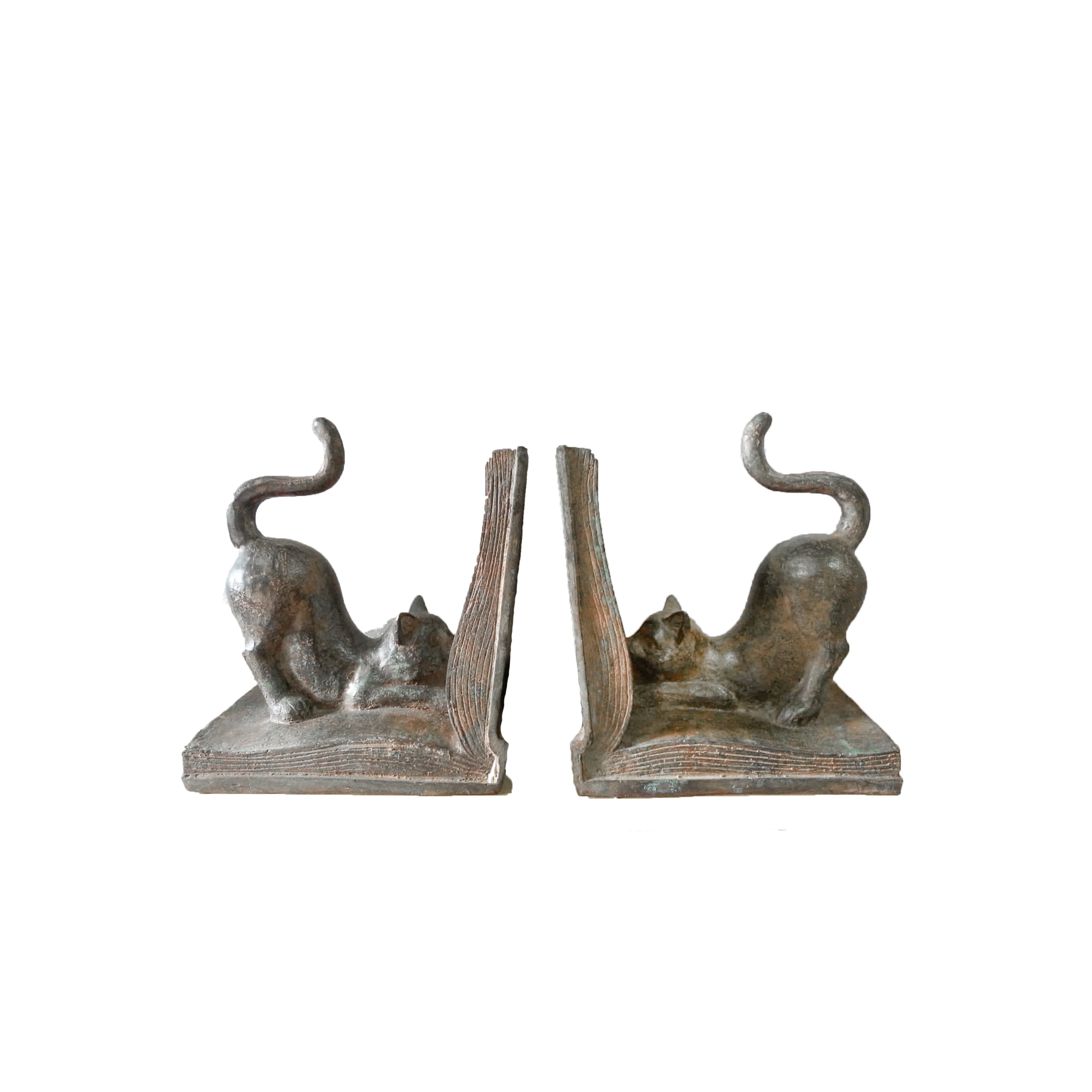 Cat Bookend Pair Bronze Statues - Tabletop Bookends Set