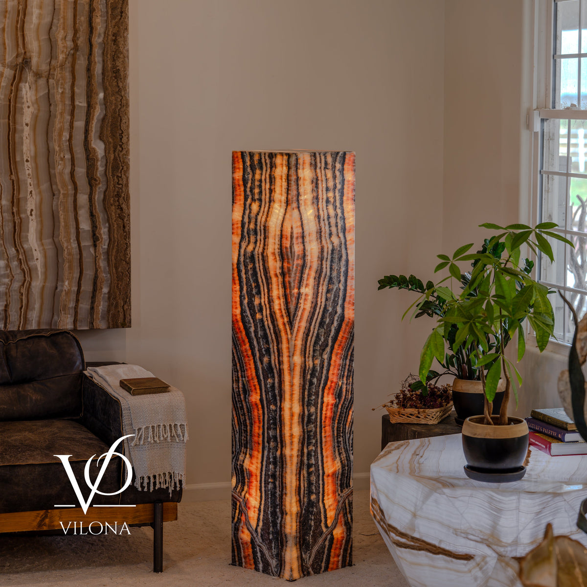 Tangerine Onyx Floor Lamp – 57.25" Tall × 12" Square