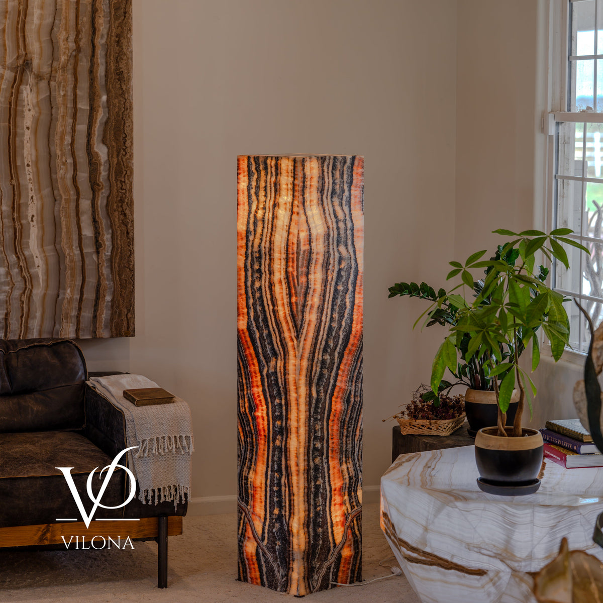 Tangerine Onyx Floor Lamp – 57.25" Tall × 12" Square