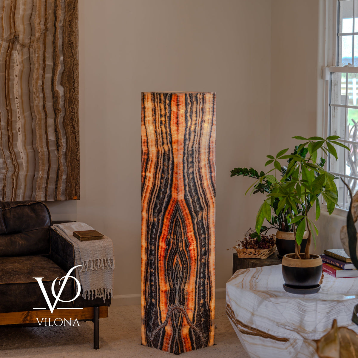 Tangerine Onyx Floor Lamp – 57.25" Tall × 12" Square