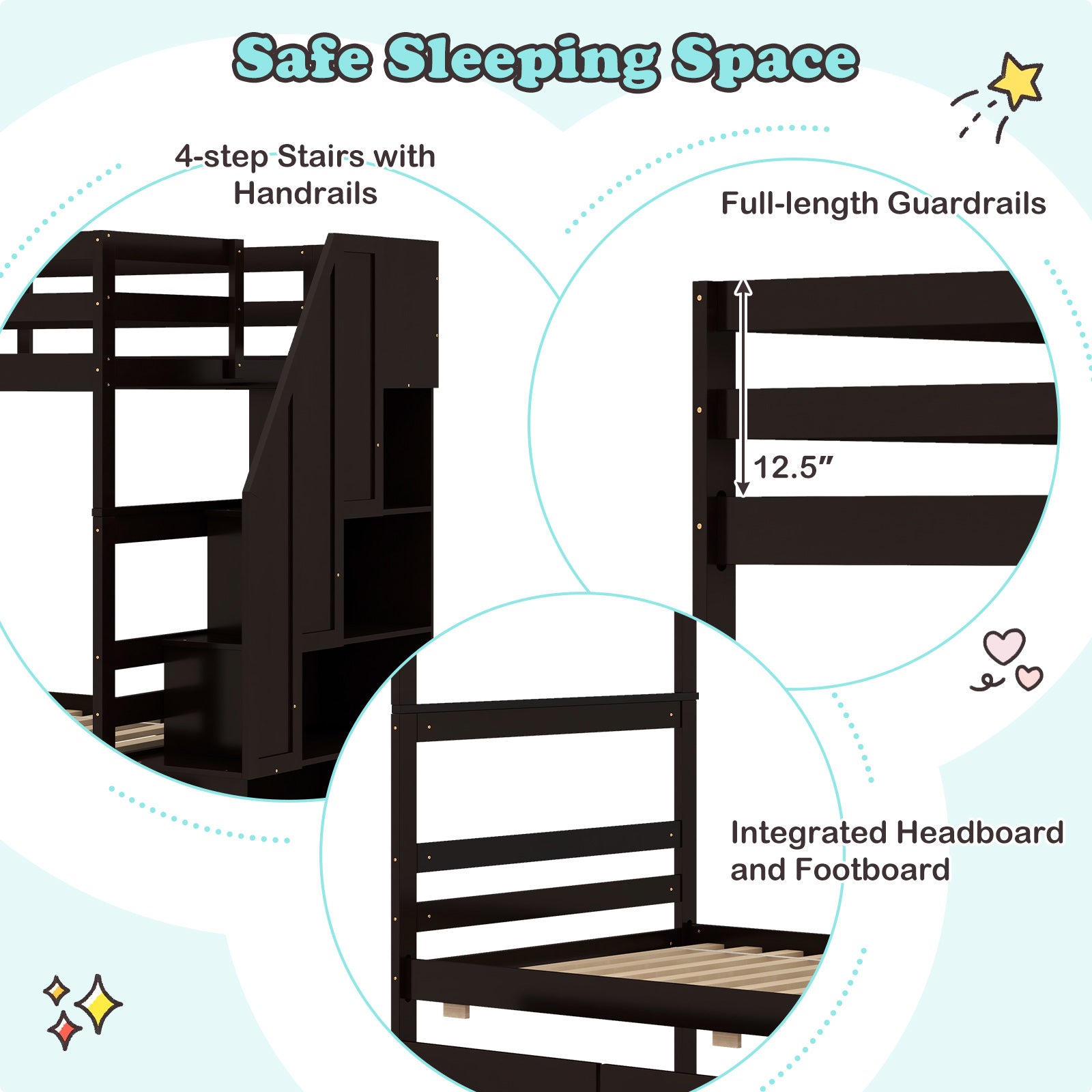 Twin Over Twin Bunk Bed with Storage Stairs and Drawers-Coffee