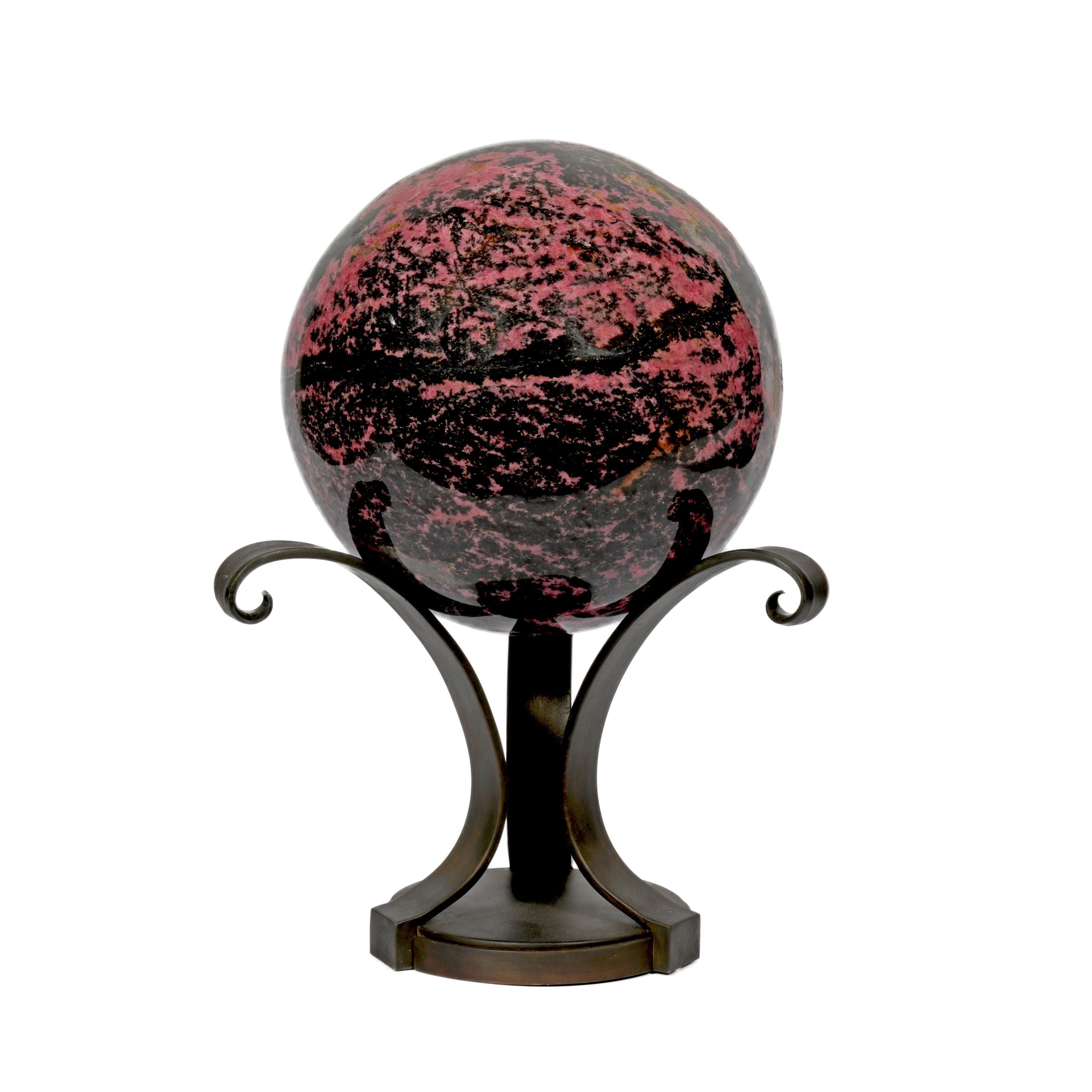Rhodonite Sphere on Custom Metal Stand - 3 Spiral Bouquet Style