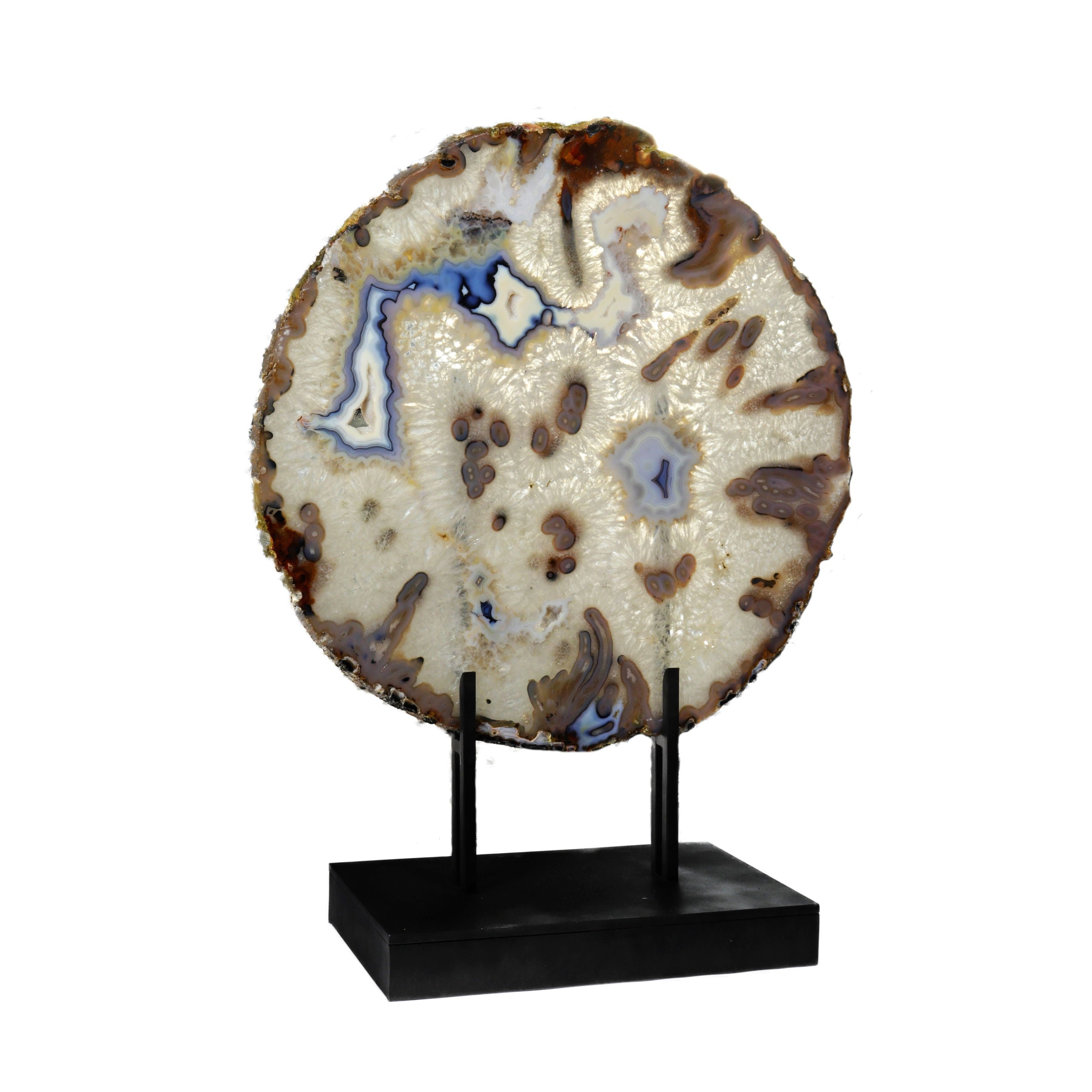 Dramatic Agate Slice - Round with Blue & Brown Agate, Fortified Patterns on Custom H-Stand with Green Patina