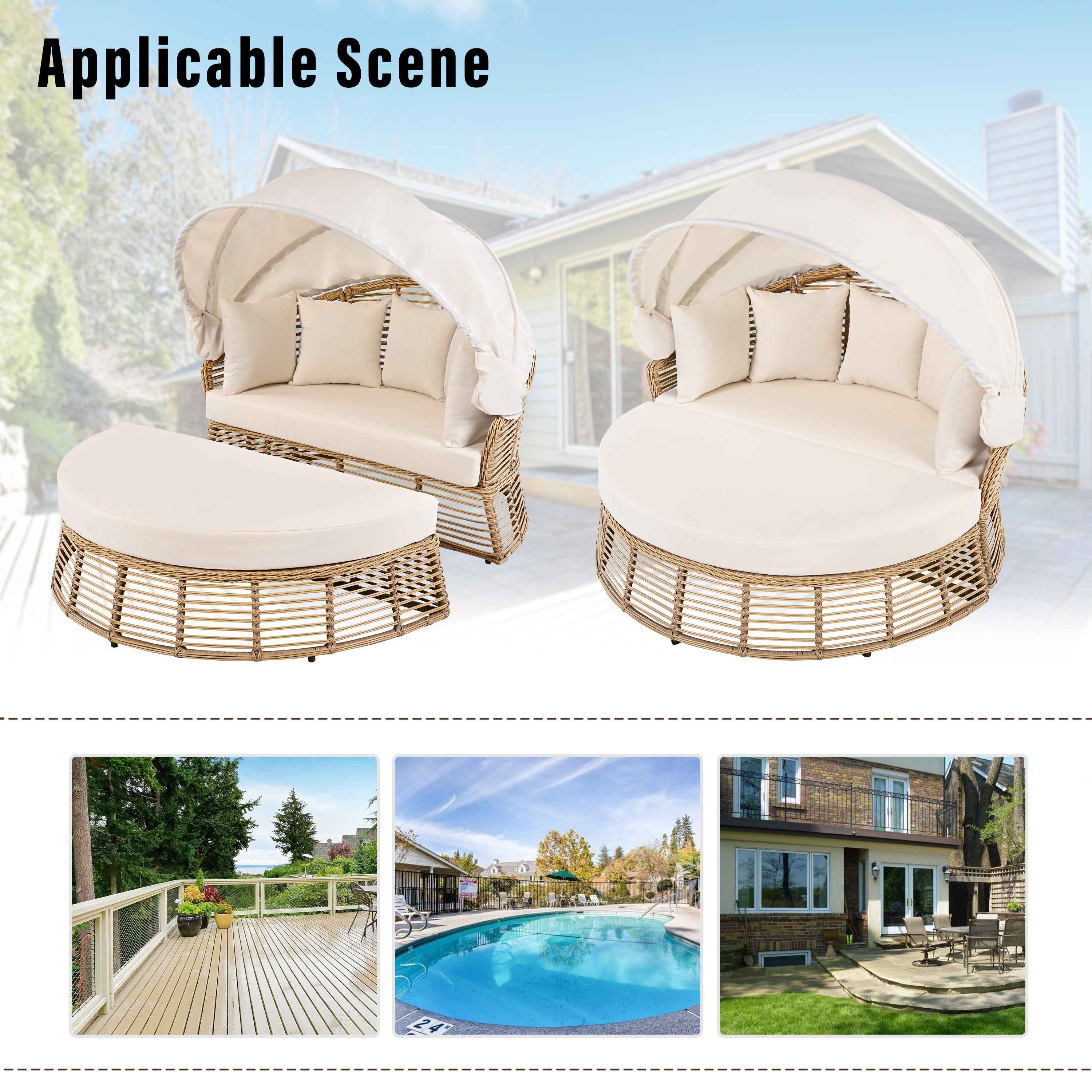 Outdoor Patio Rattan Round Daybed with Retractable Canopy, Wicker