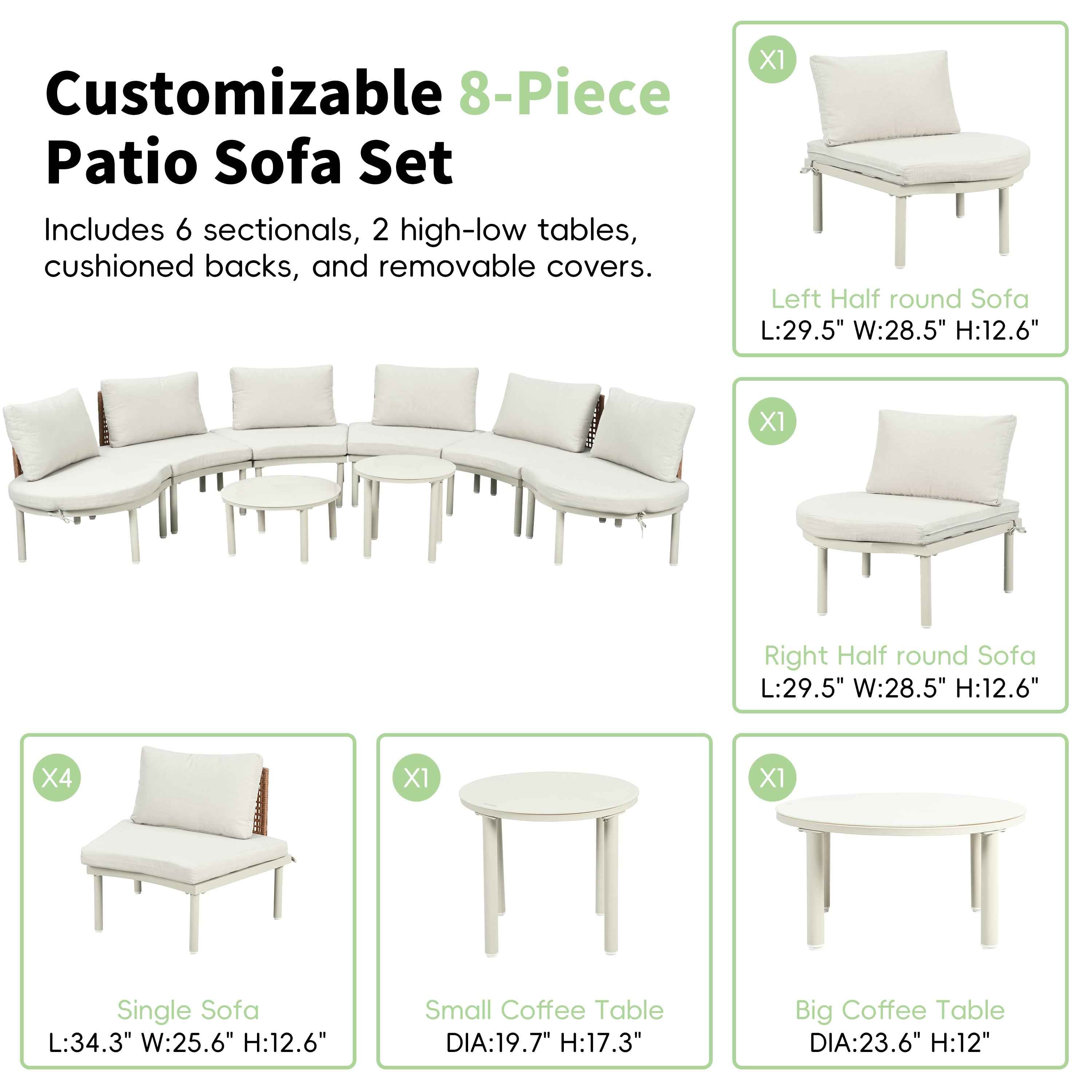 8-Piece Patio Sofa Furniture Set, Half Moon Outdoor Sectional Sofa