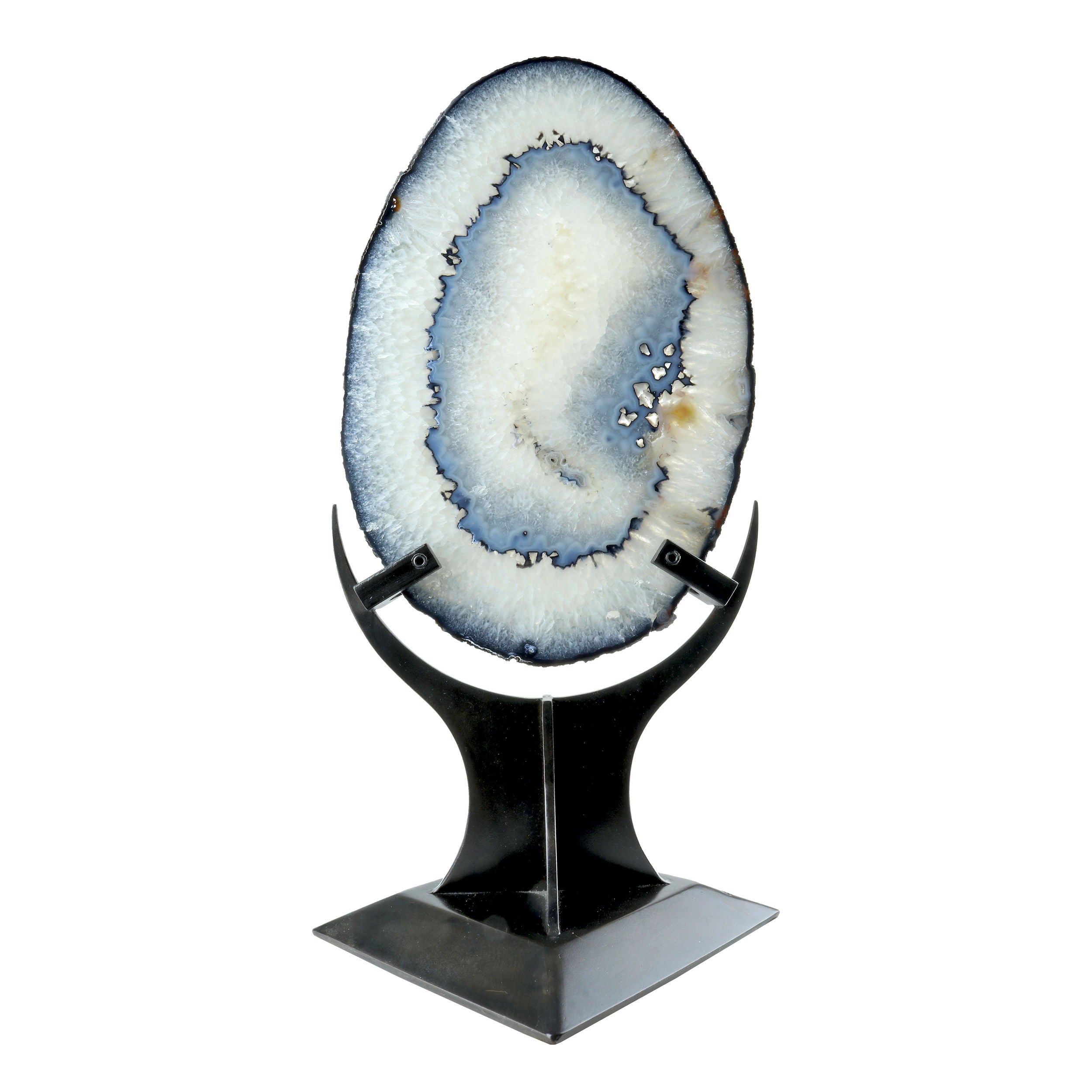 Agate Slice with Dark Blue Bands & Natural Egg Shape - Double-Sided Polish in Custom Crescent Stand
