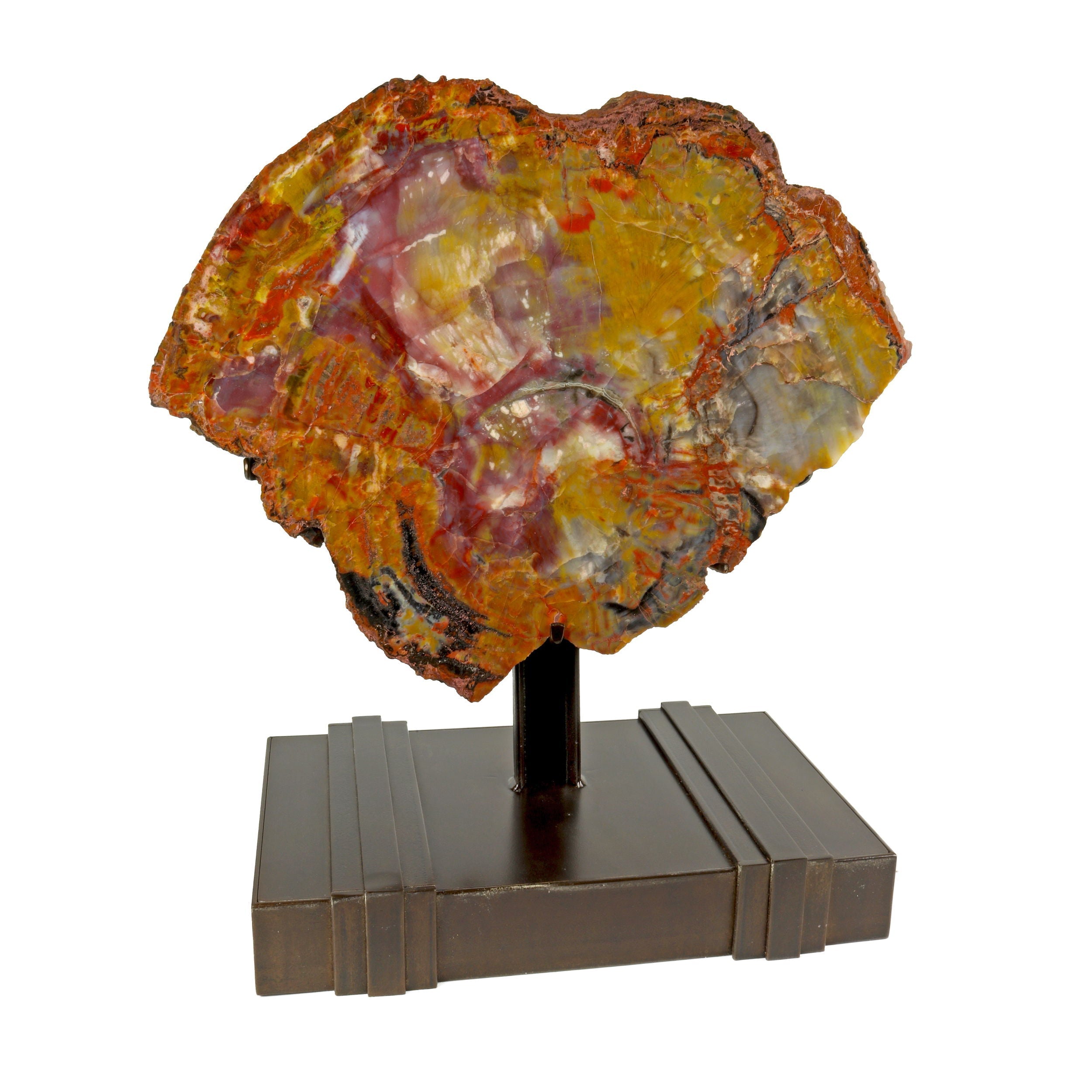 Arizona Rainbow Petrified Wood Slice on Custom Stand - Red Purple Center on Chocolate Brown Patina with Strap Design