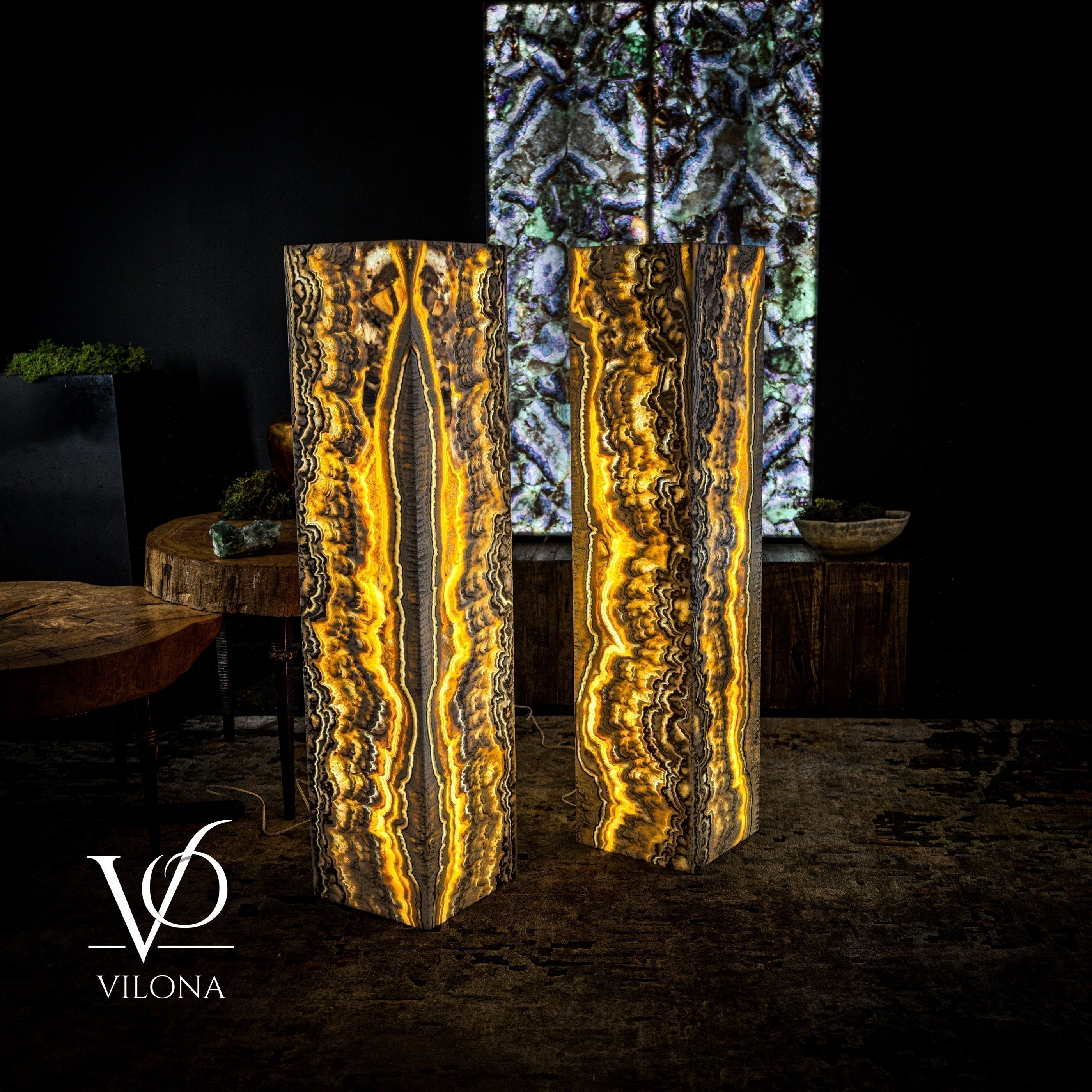 Golden Cloud Onyx Floor Lamp - Exotic - Pair - Medium - 51"H x 12"W - Square - #1