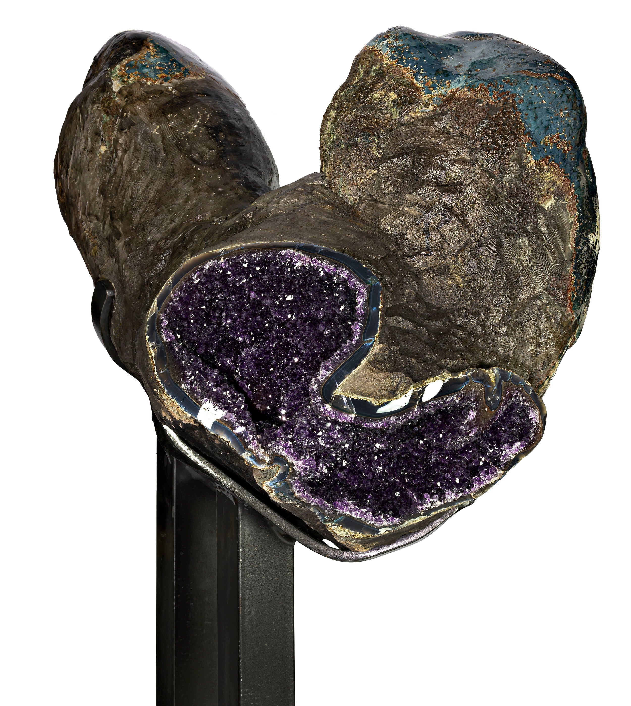 Amethyst Geode Multi-Vug with Calcite Crystal & Druze in Custom Fitted Stand