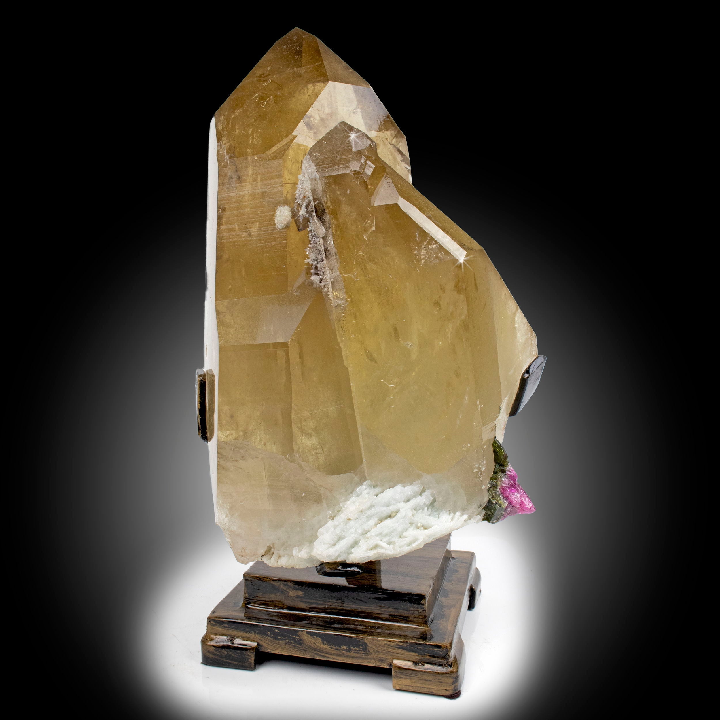 Citrine Point with Watermelon Tourmaline and Albite Inclusions on Fitted Stand From Brazil
