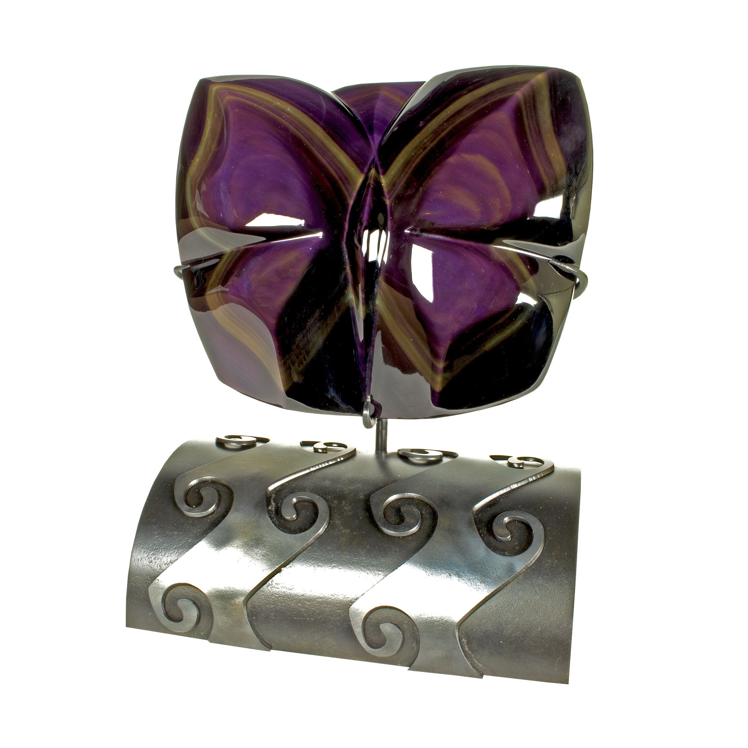 Rainbow Sheen Obsidian Butterfly Carving on Custom Wave Inspired Stand