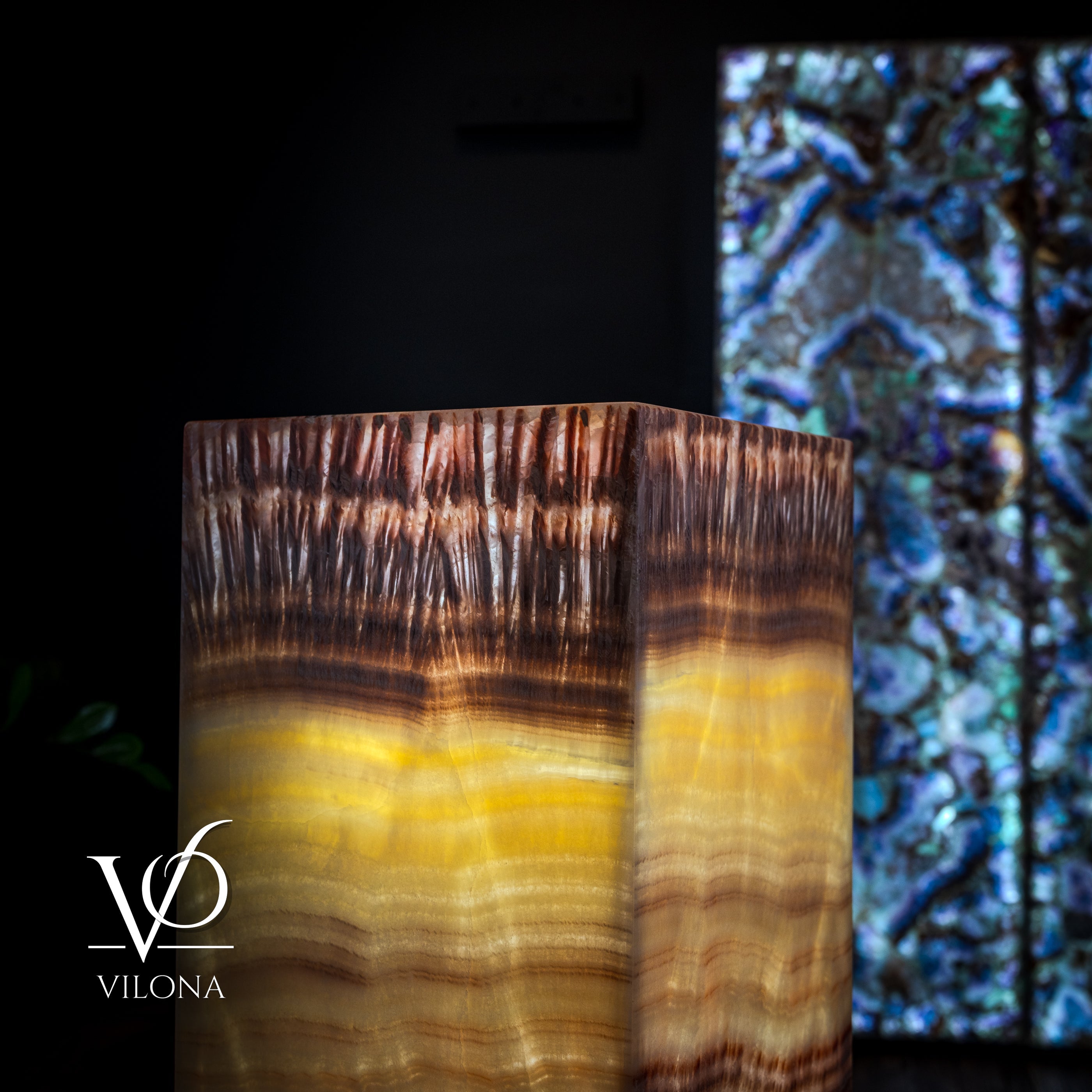 Golden Cloud Onyx Floor Lamp - Exotic Dragon Eye - Medium - 51.25"H x 12"W - Square - #2