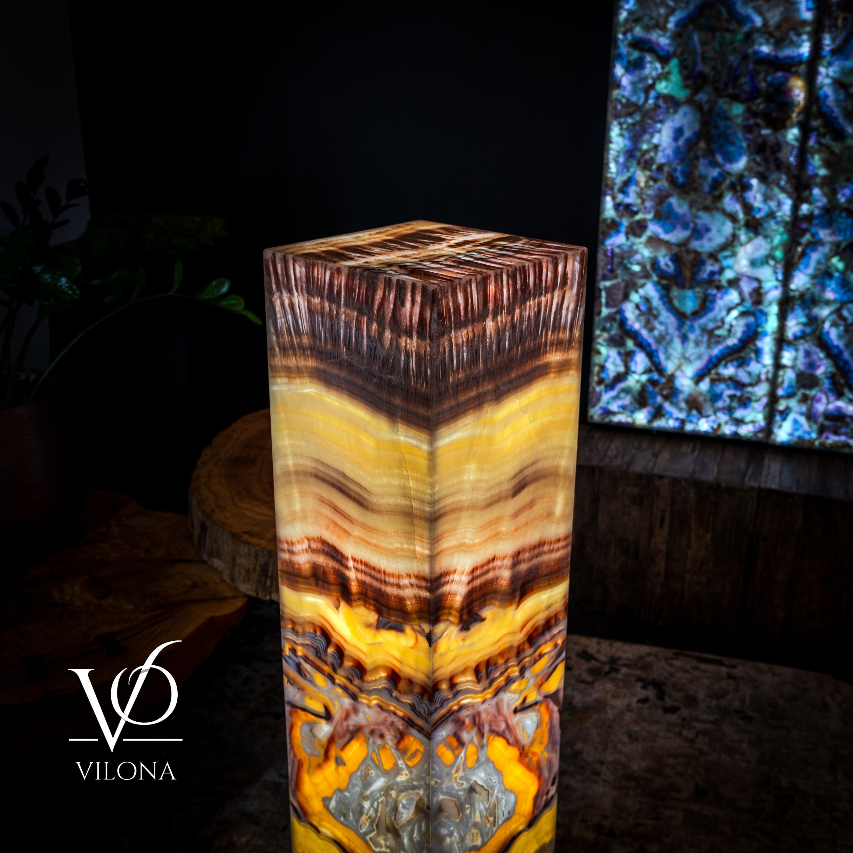 Golden Cloud Onyx Floor Lamp - Exotic Dragon Eye - Medium - 51.25"H x 12"W - Square - #2