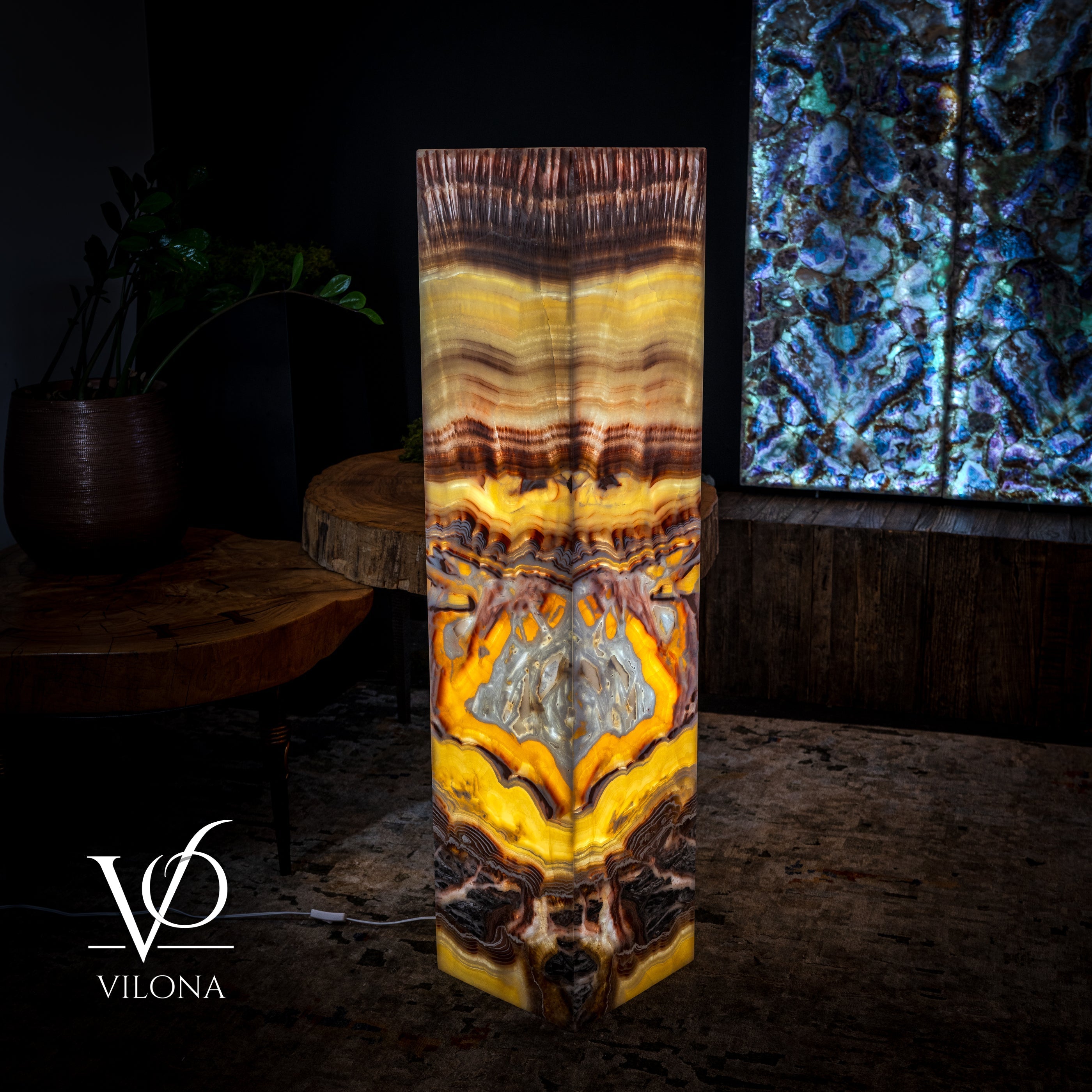 Golden Cloud Onyx Floor Lamp - Exotic Dragon Eye - Medium - 51.25"H x 12"W - Square - #2