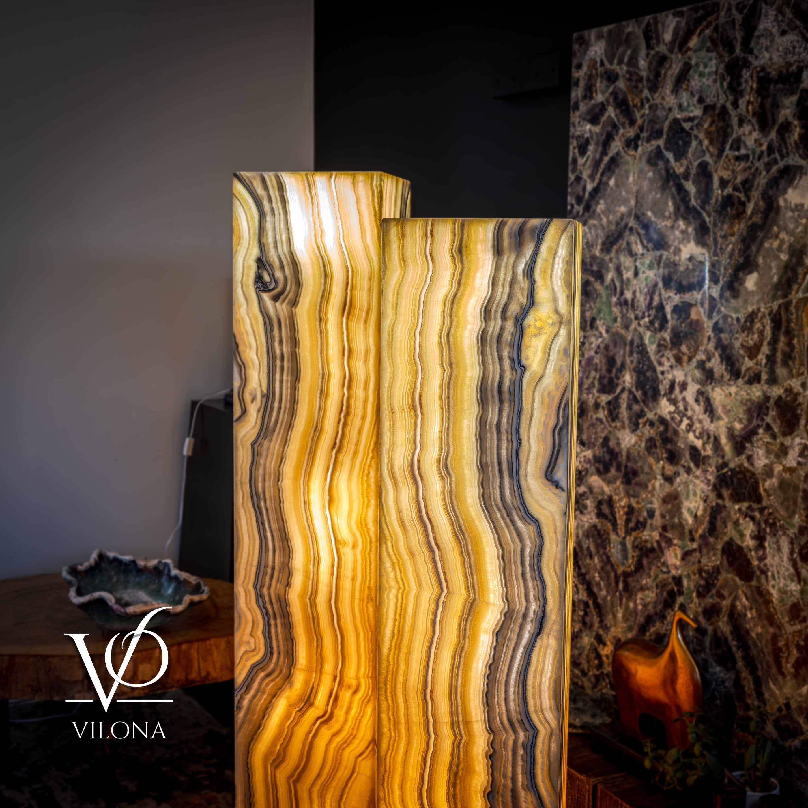 Golden Cloud Onyx Floor Lamp - Pair - Large - 63-67"H x 12-12"W - Square