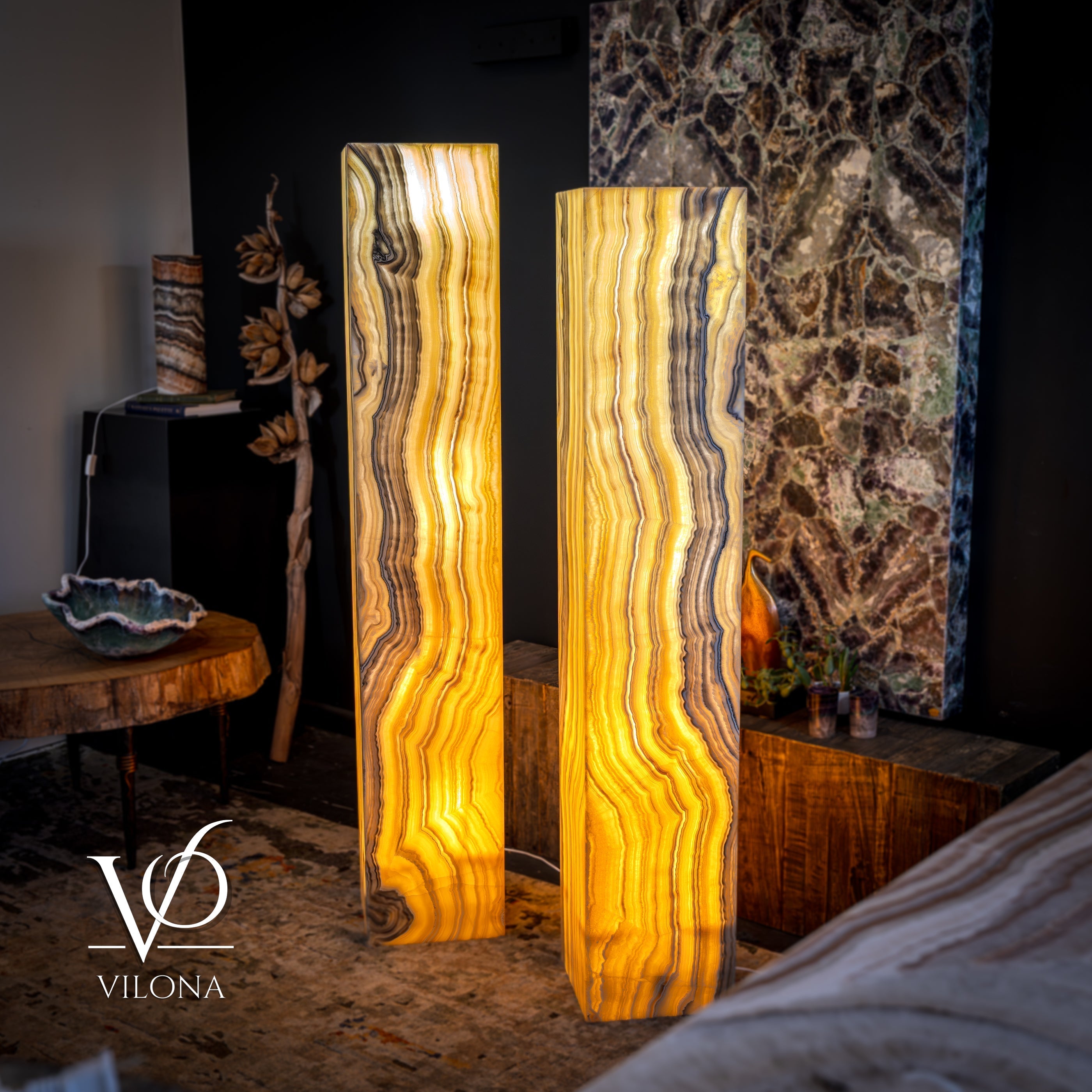 Golden Cloud Onyx Floor Lamp - Pair - Large - 63-67"H x 12-12"W - Square