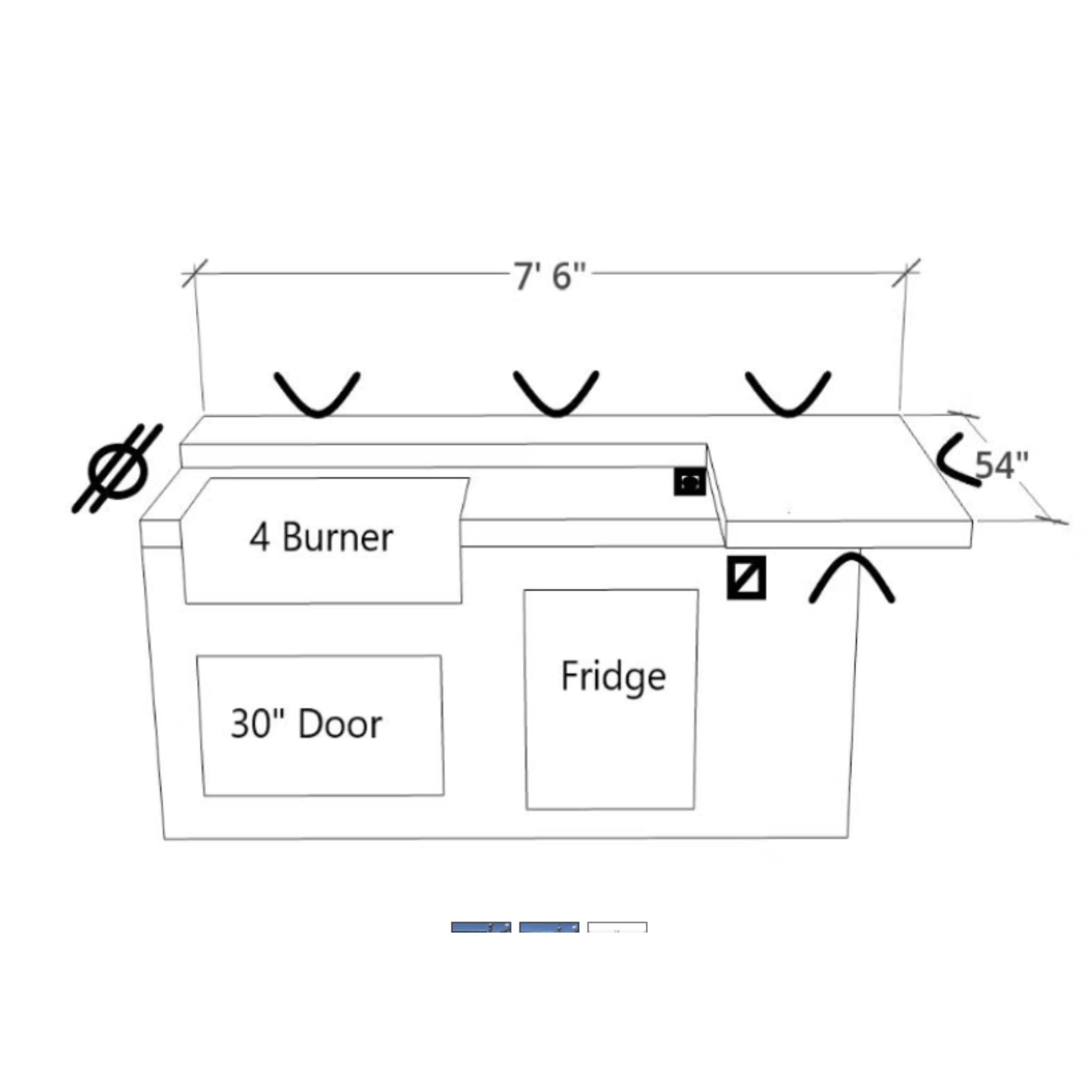Blueprint-style layout of a kitchen with measurements and appliances labeled.